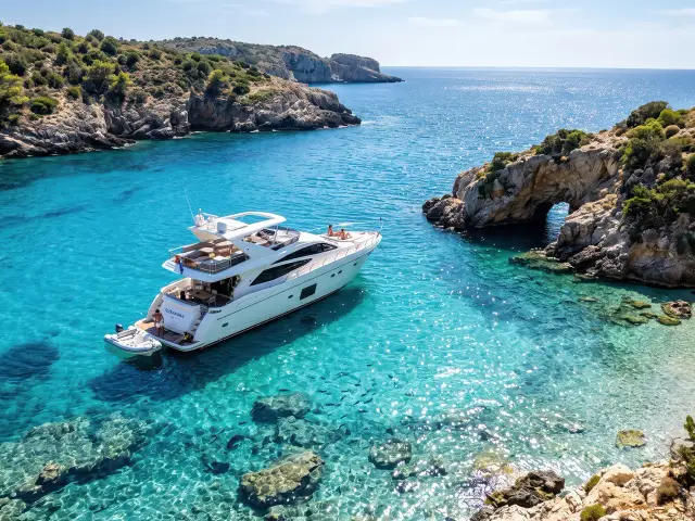 A motor yacht at anchor in a turquoise cove along a rocky coast
