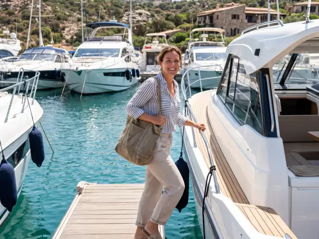 A member stepping aboard a white motorboat at a sunny harbor, with yachts behind
