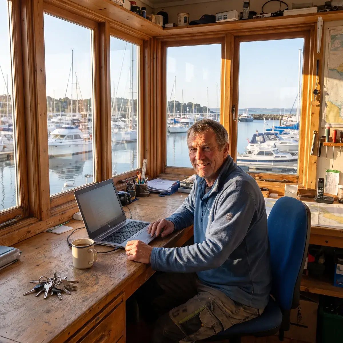 An operator at his desk in a boathouse, with the marina behind the windows