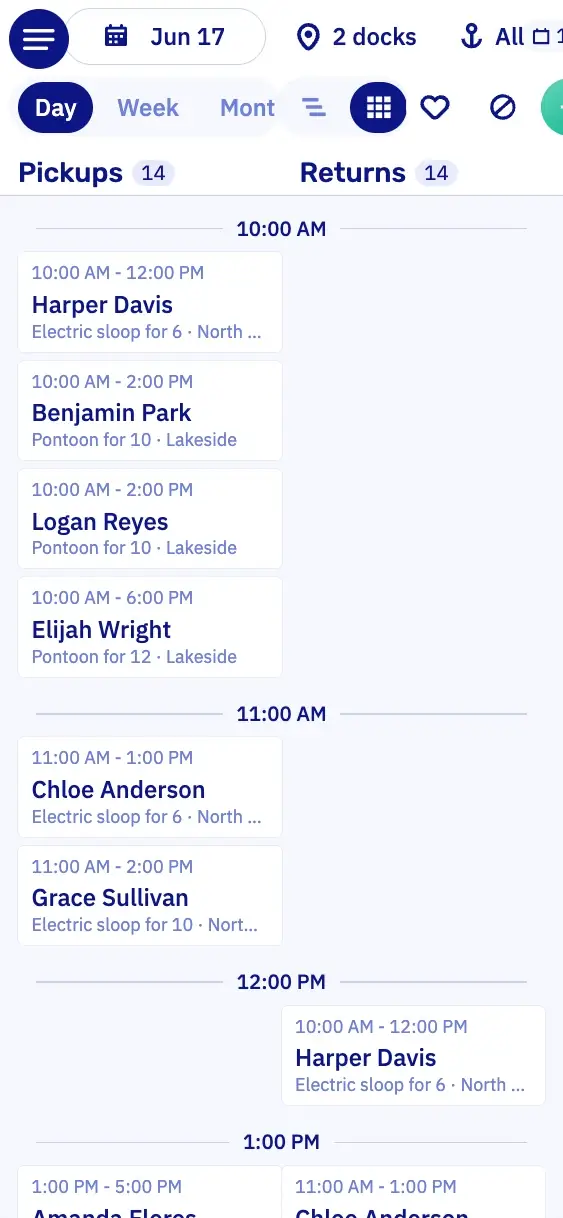 The Let's Book planning on a phone: the pickups and returns of the day side by side, hour by hour
