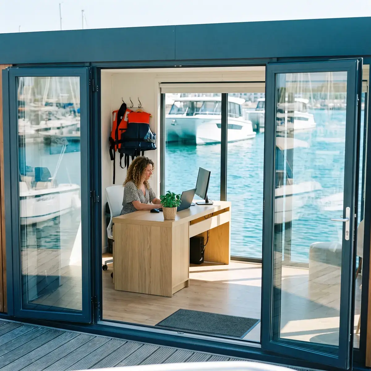 A small glass rental office on a dock, with a staff member at her desk and the marina behind
