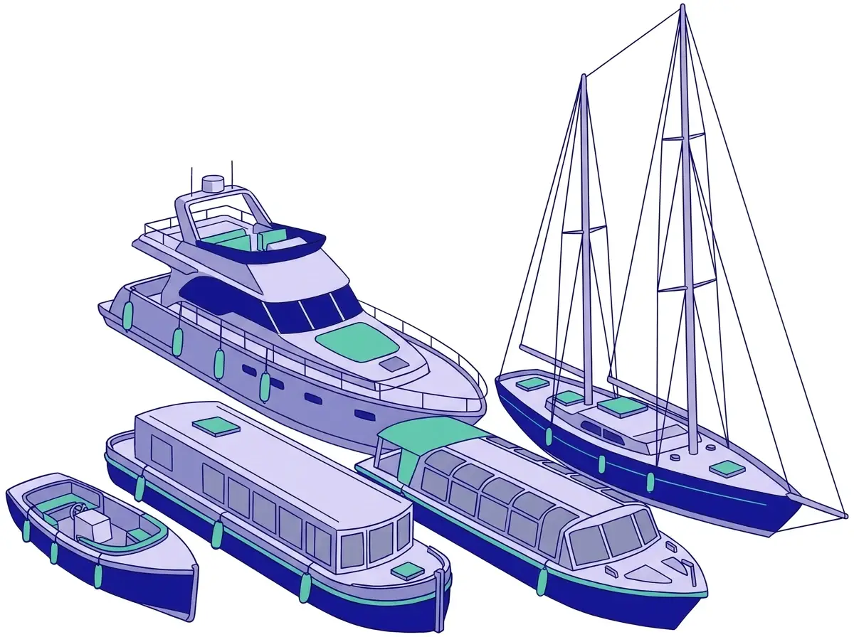 Een tekening van vijf boten: een kleine open sloep, een kajuitboot, een rondvaartboot, een charterjacht en een zeiljacht