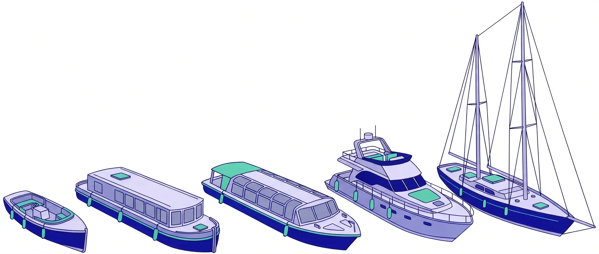 Een tekening van vijf boten: een kleine open sloep, een kajuitboot, een rondvaartboot, een charterjacht en een zeiljacht