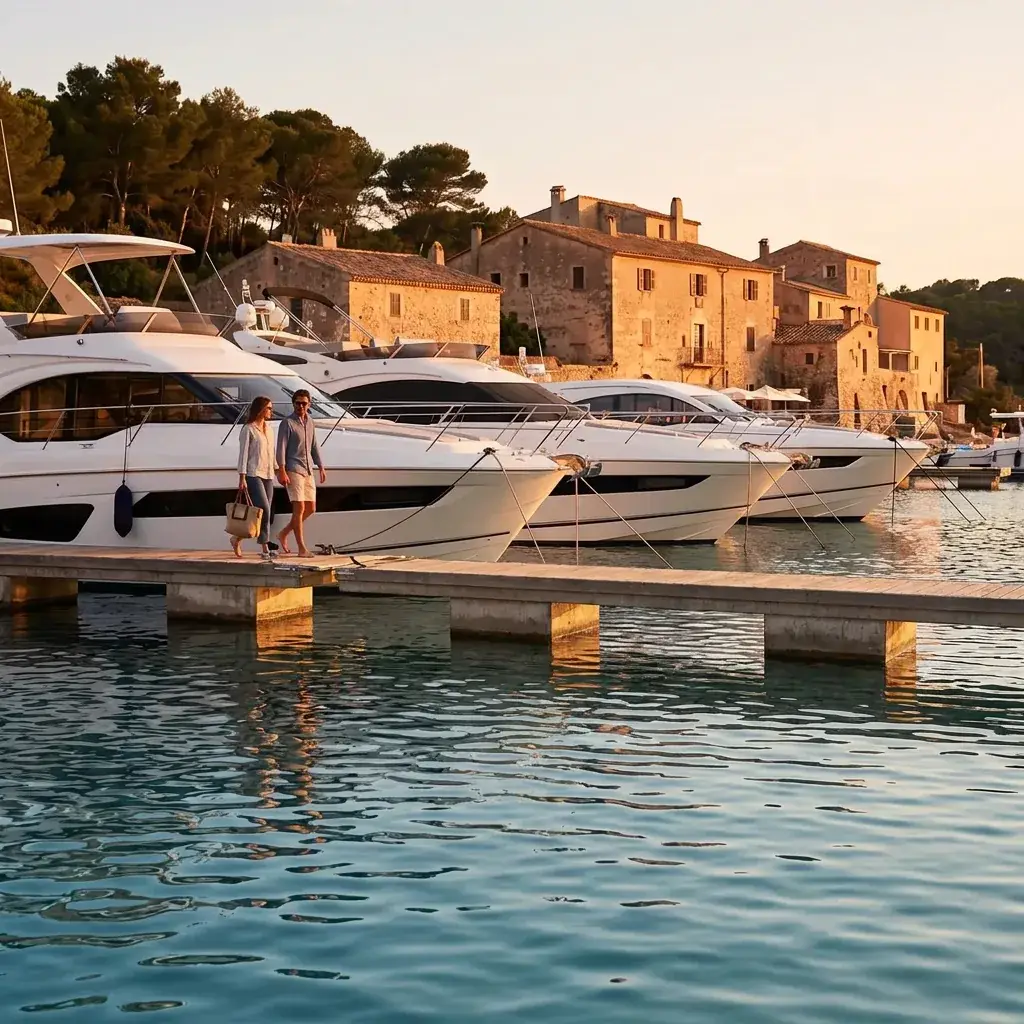 Modern motor yachts moored in a row in a Mediterranean marina at the end of the day, a couple walking to one of them